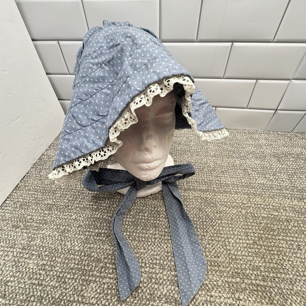 VTG Bonnet Blue Color Wide Brim Prarie Sun Bonnet Pioneer Wear Chin Straps